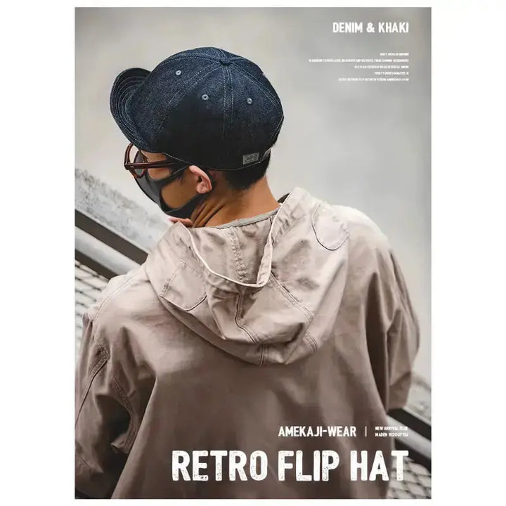 Vintage Denim Flip Cap | Retro American Workwear Baseball Hat Amekaji
