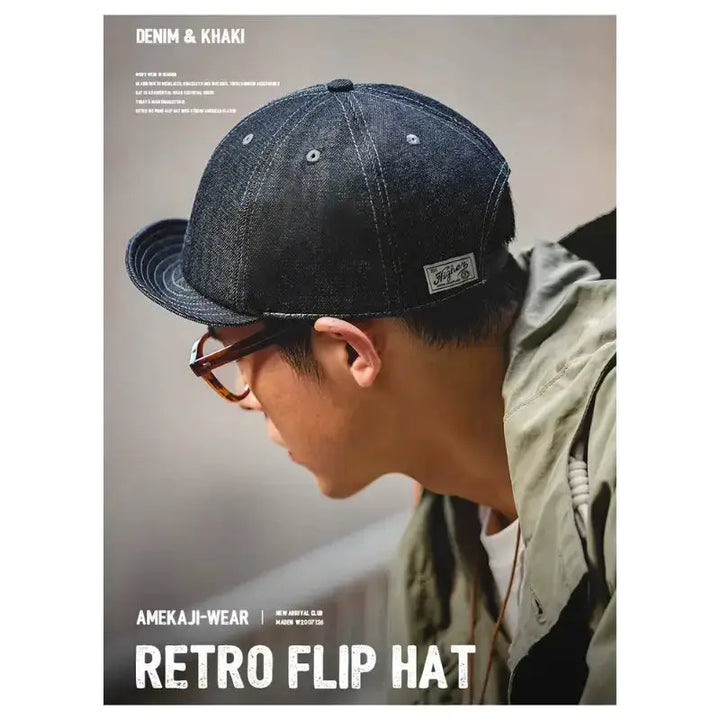 Vintage Denim Flip Cap | Retro American Workwear Baseball Hat Amekaji