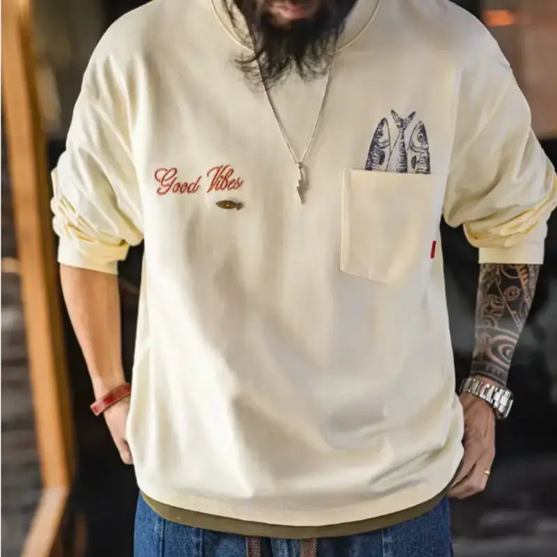 Vintage Fisherman Long Sleeve | “Good Vibes” Tee Pocket Graphic Amekaji