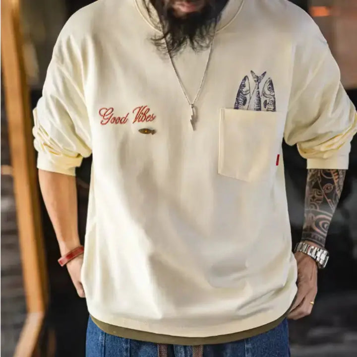 Vintage Fisherman Long Sleeve | “Good Vibes” Tee Pocket Graphic Amekaji