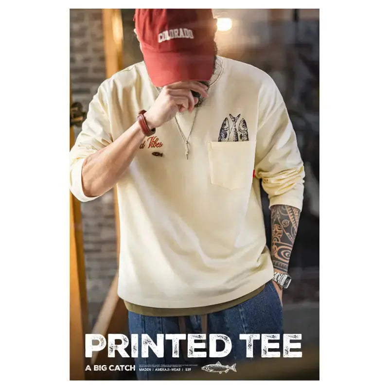 Vintage Fisherman Long Sleeve | “Good Vibes” Tee Pocket Graphic Amekaji