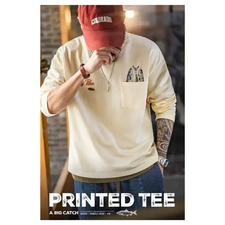 Vintage Fisherman Long Sleeve | “Good Vibes” Tee Pocket Graphic Amekaji