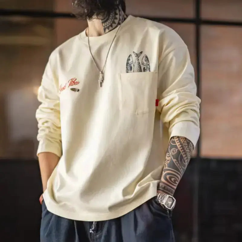 Vintage Fisherman Long Sleeve | “Good Vibes” Tee Pocket Graphic Amekaji