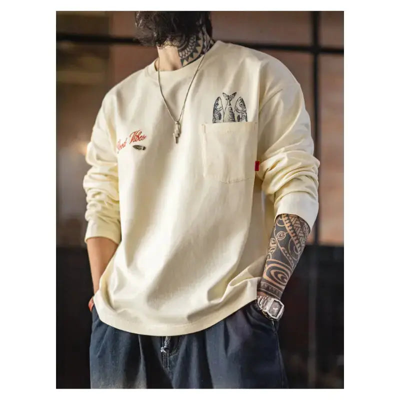 Vintage Fisherman Long Sleeve | “Good Vibes” Tee Pocket Graphic Amekaji