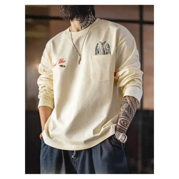 Vintage Fisherman Long Sleeve | “Good Vibes” Tee Pocket Graphic Amekaji