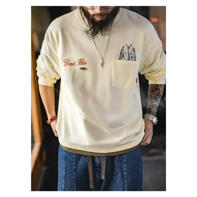 Vintage Fisherman Long Sleeve | “Good Vibes” Tee Pocket Graphic Amekaji
