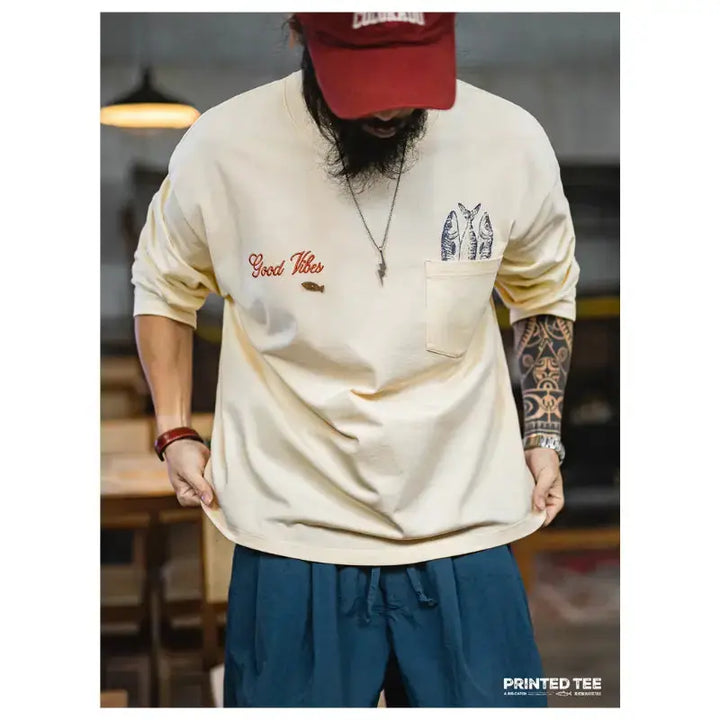 Vintage Fisherman Long Sleeve | “Good Vibes” Tee Pocket Graphic Amekaji