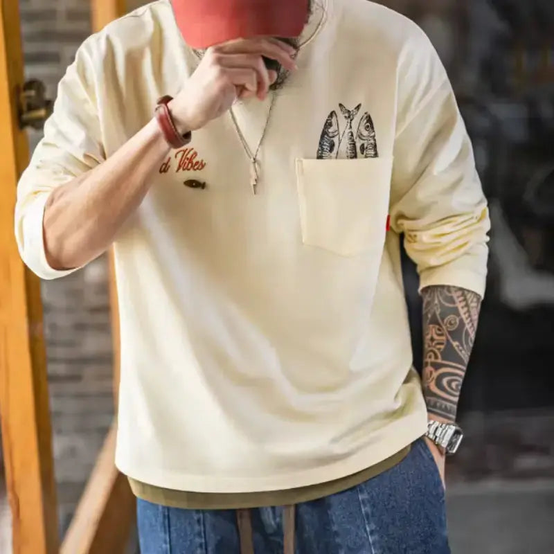 Vintage Fisherman Long Sleeve | “Good Vibes” Tee Pocket Graphic Amekaji