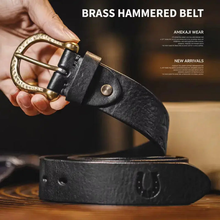Vintage Hammered Brass Belt | Retro Leather Amekaji Belt Amekaji