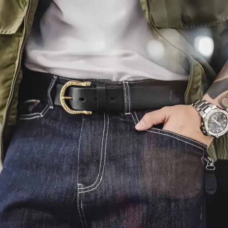 Vintage Hammered Brass Belt | Retro Leather Amekaji Belt Amekaji