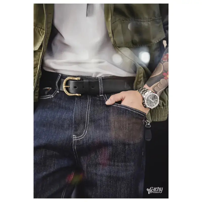 Vintage Hammered Brass Belt | Retro Leather Amekaji Belt Amekaji