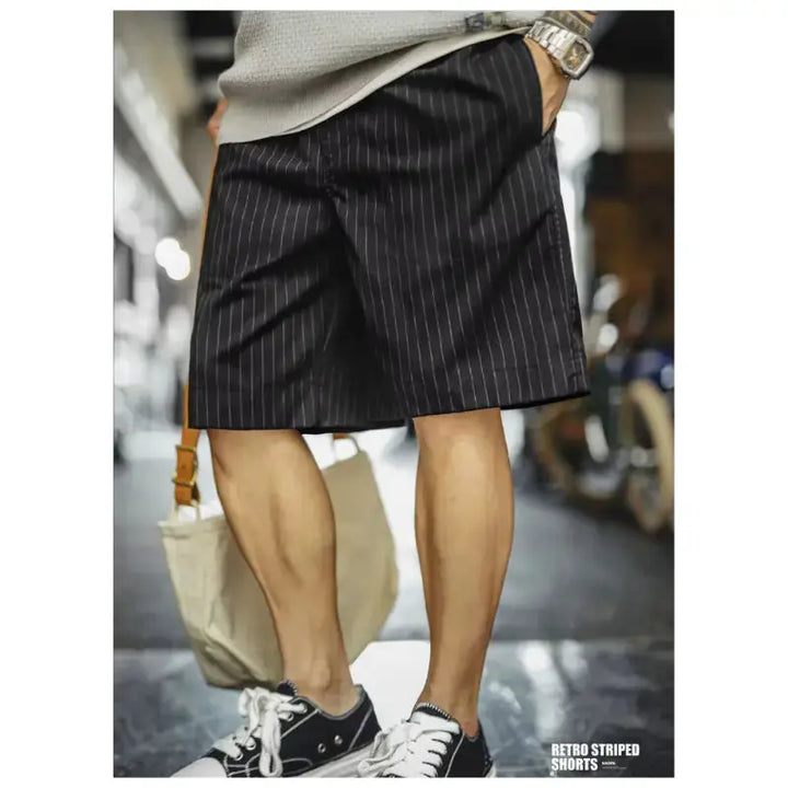 Vintage Pinstripe Shorts Men | Retro Relaxed Amekaji Shorts Amekaji