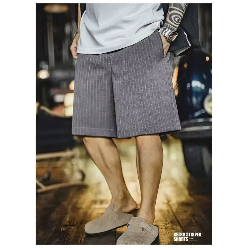 Vintage Pinstripe Shorts Men | Retro Relaxed Amekaji Shorts Amekaji
