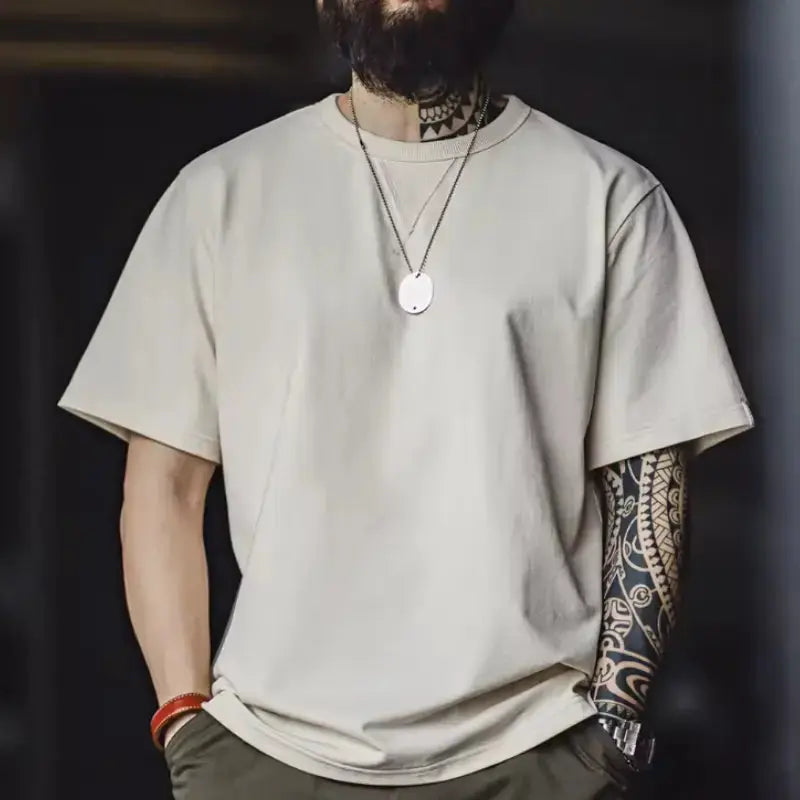 Vintage T-shirt Round Neck | Hem Slit Bottoming Men's Tee Maden