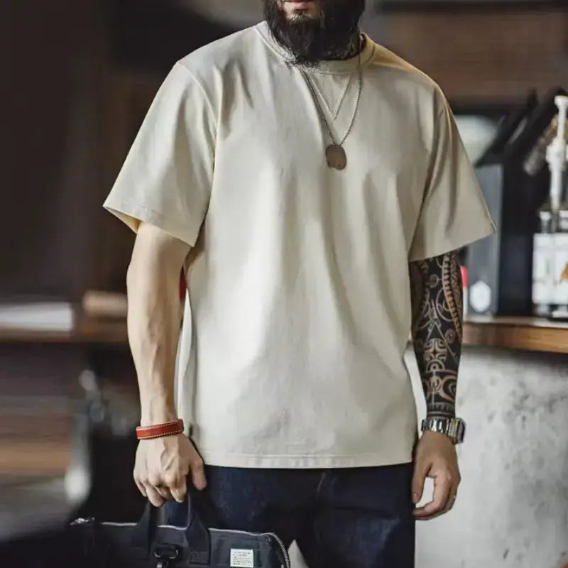 Vintage T-shirt Round Neck | Hem Slit Bottoming Men's Tee Maden