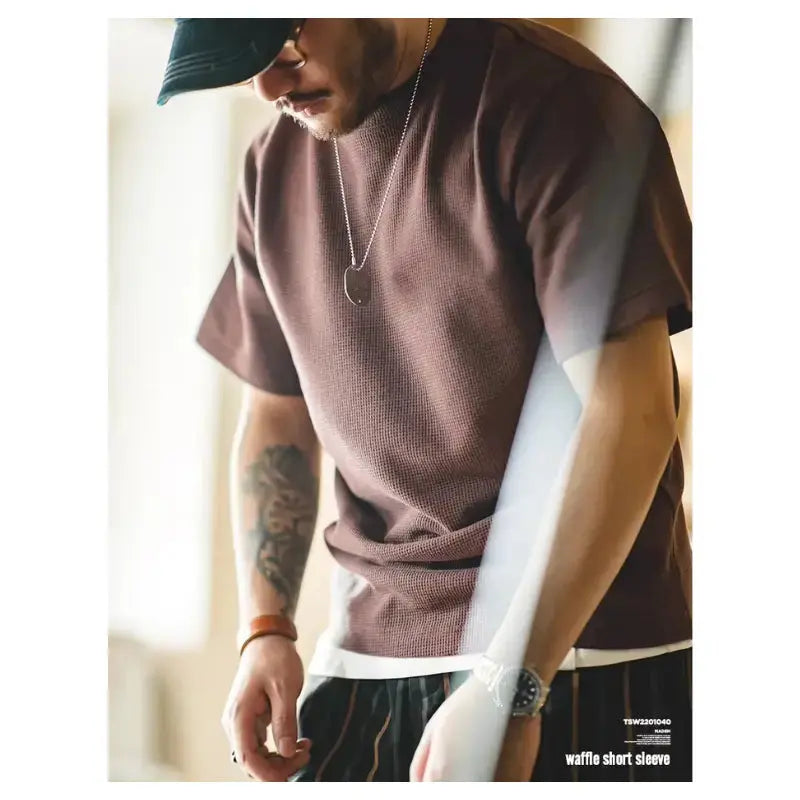 Waffle Texture Tee Men | Premium Knit Casual Wear Amekaji