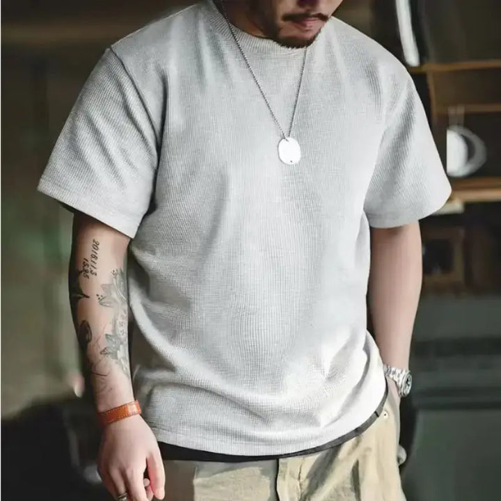 Waffle Texture Tee Men | Premium Knit Casual Wear Amekaji