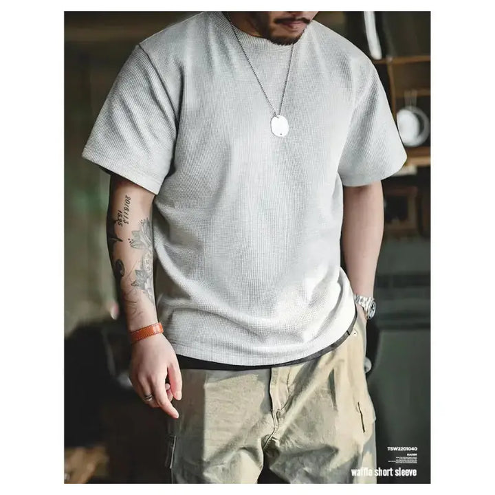 Waffle Texture Tee Men | Premium Knit Casual Wear Amekaji
