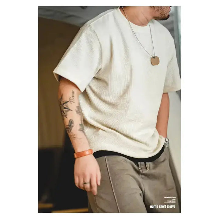 Waffle Texture Tee Men | Premium Knit Casual Wear Amekaji