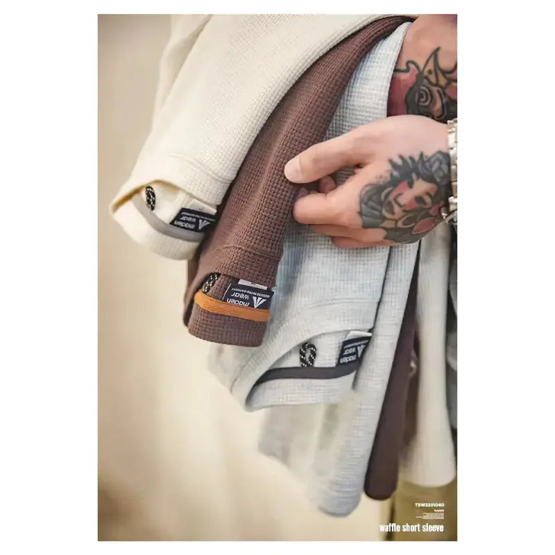Waffle Texture Tee Men | Premium Knit Casual Wear Amekaji