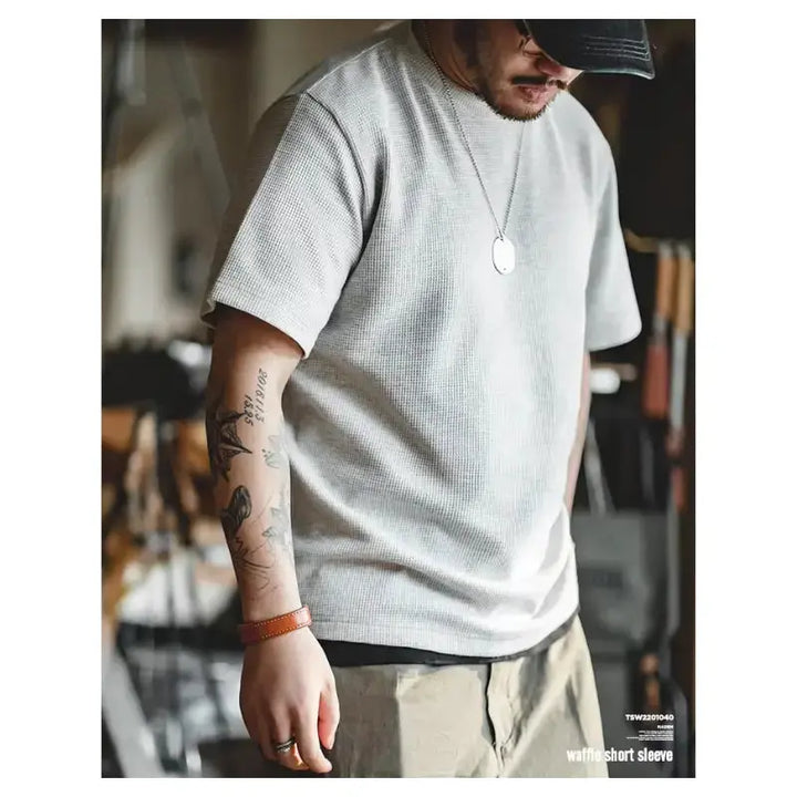 Waffle Texture Tee Men | Premium Knit Casual Wear Amekaji