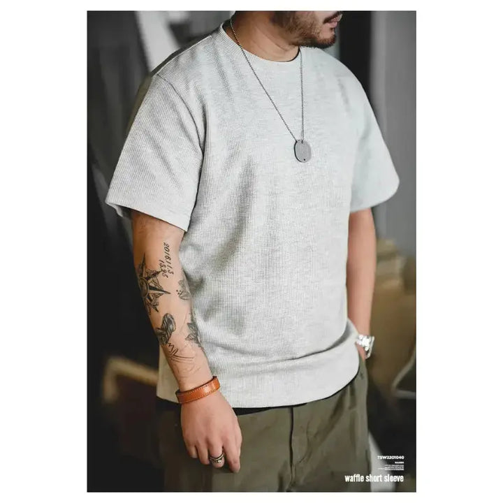 Waffle Texture Tee Men | Premium Knit Casual Wear Amekaji