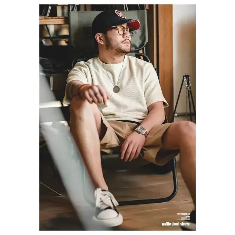 Waffle Texture Tee Men | Premium Knit Casual Wear Amekaji