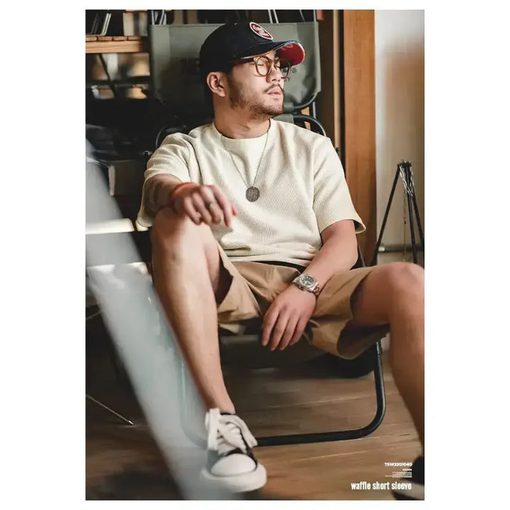 Waffle Texture Tee Men | Premium Knit Casual Wear Amekaji