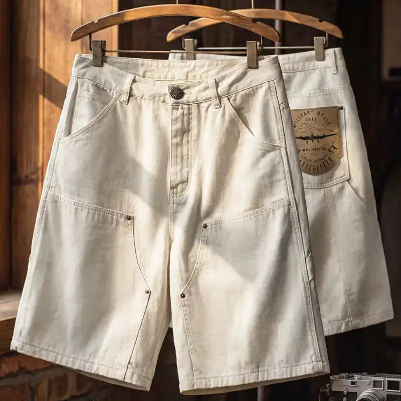 White Denim Carpenter Shorts | Amekaji Workwear Lumberjack Style Amekaji