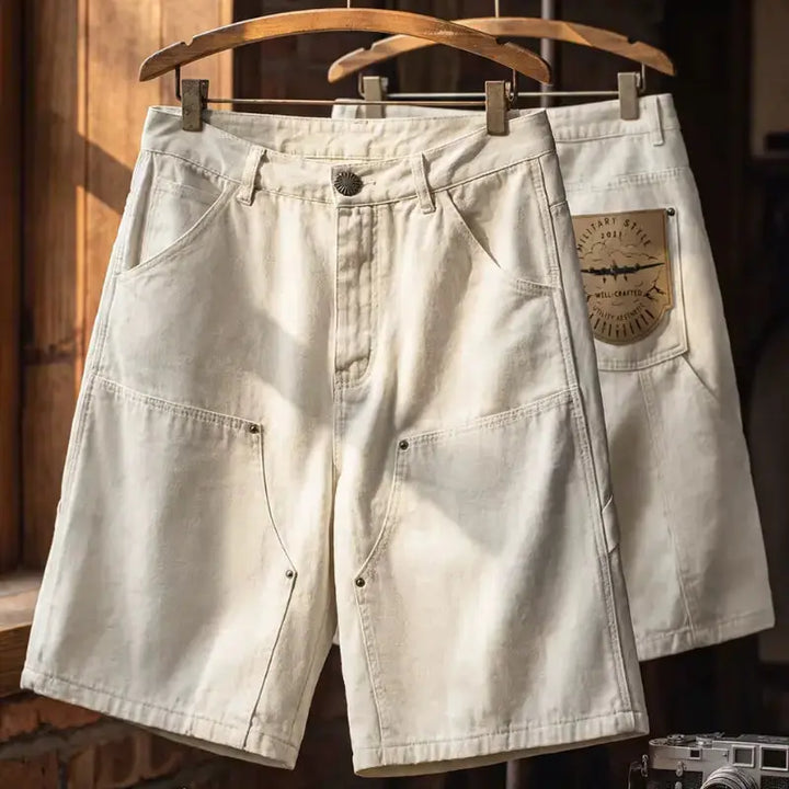 White Denim Carpenter Shorts | Amekaji Workwear Lumberjack Style Amekaji