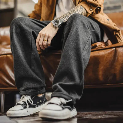 Wool Blend Relaxed Pants | Vintage Charcoal Street Trousers Amekaji