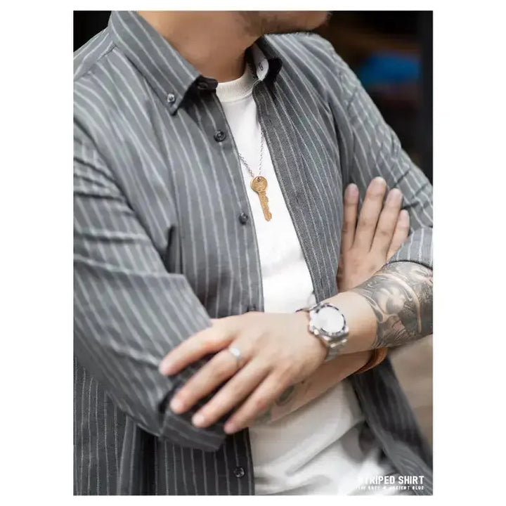 Workwear Vertical Stripe Shirt | American Retro Casual Shirts Amekaji