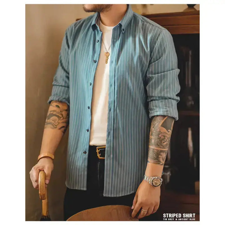 Workwear Vertical Stripe Shirt | American Retro Casual Shirts Amekaji